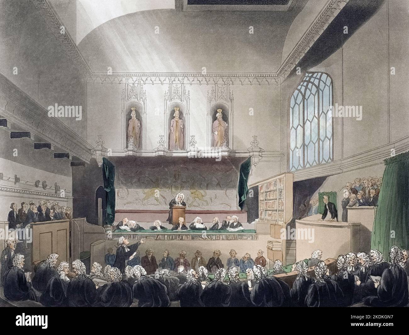 Court of Kings Bench, Westminster Hall.  Circa 1808.  After a work by August Pugin and Thomas Rowlandson in the Microcosm of London, published in three volumes between 1808 and 1810 by Rudolph Ackermann.   Pugin was the artist responsible for the architectural elements in the Microcosm pictures; Thomas Rowlandson was hired to add the lively human figures. Stock Photo