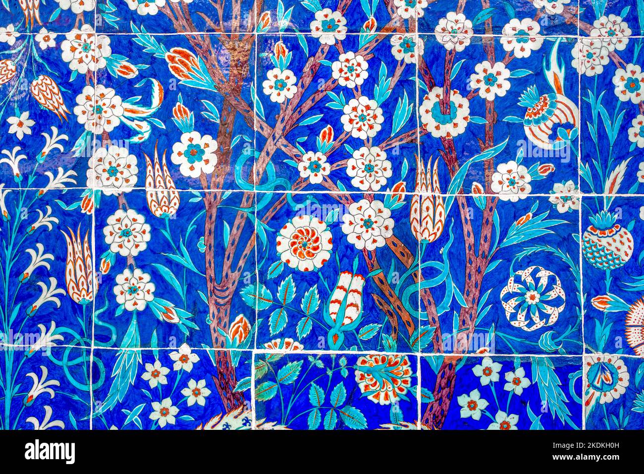 Blue background floral tiles on the Mosque wall. Stock Photo