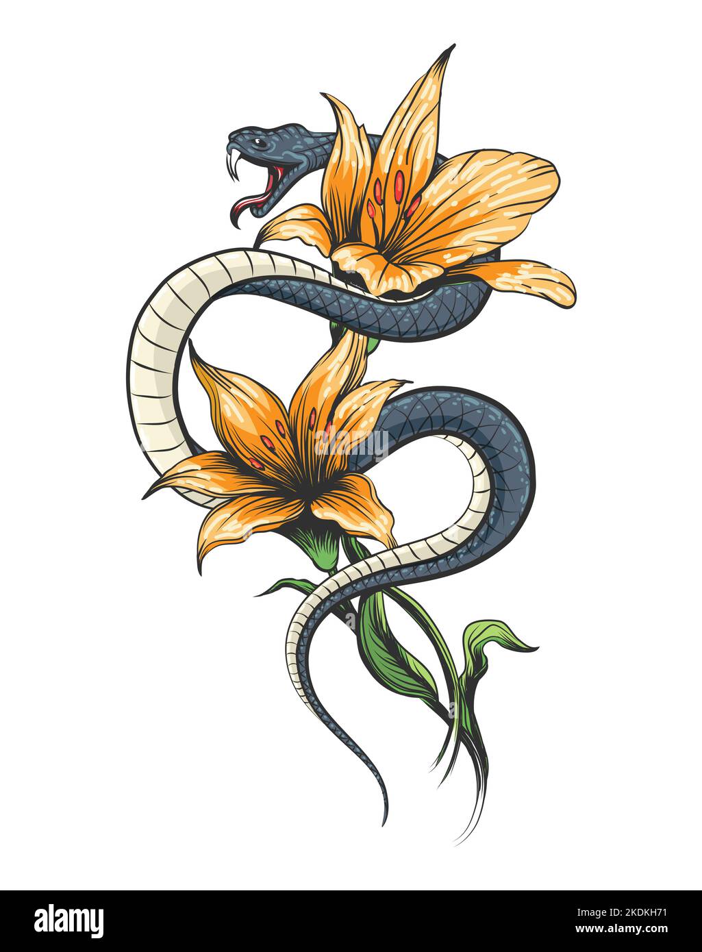 Colored Tattoo of Snake in Orchid Flowers isolated on white. Vector illustration. Stock Vector