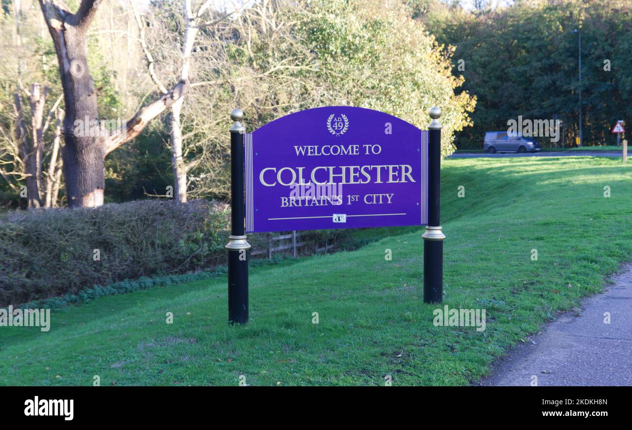 Welcome to Colchester sign at the Spring Lane roundabout. Colchester was one of eight new cities named for Queen Elizabeth's platinum jubilee. Stock Photo
