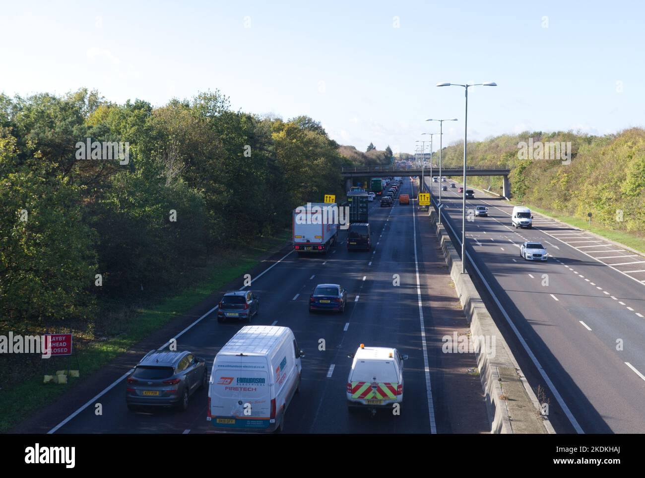 Traffic builds up on the A12 southbound approaching Stanway on the outskirts of Colchester due to roadworks between junction 25 and 26. Stock Photo