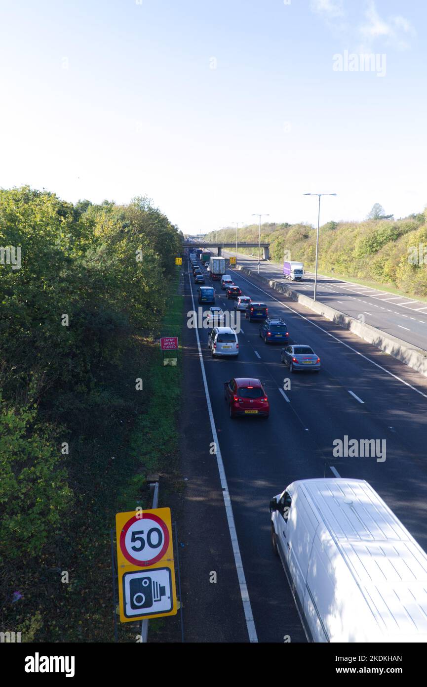Traffic builds up on the A12 southbound approaching Stanway on the outskirts of Colchester due to roadworks between junction 25 and 26. Stock Photo