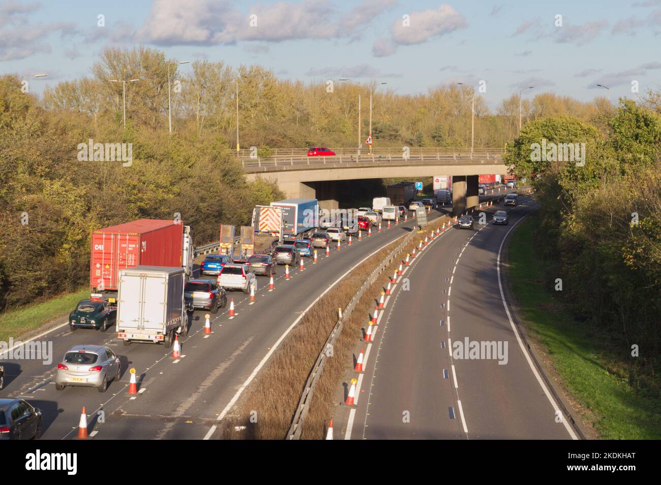 Traffic builds up on the A12 northbound carriageway near Colchester. Roadworks in the area are scheduled to last until winter 2023. Stock Photo