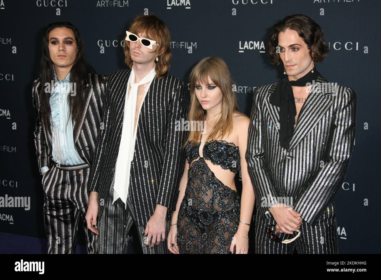 Ethan Torchio, Thomas Raggi, Victoria De Angelis, and Damiano David of Maneskin attend the 2022 LACMA ART+FILM GALA Presented By Gucci at Los Angeles County Museum of Art on November 05, 2022 in Los Angeles, California. Photo: CraSH/imageSPACE/MediaPunch Stock Photo