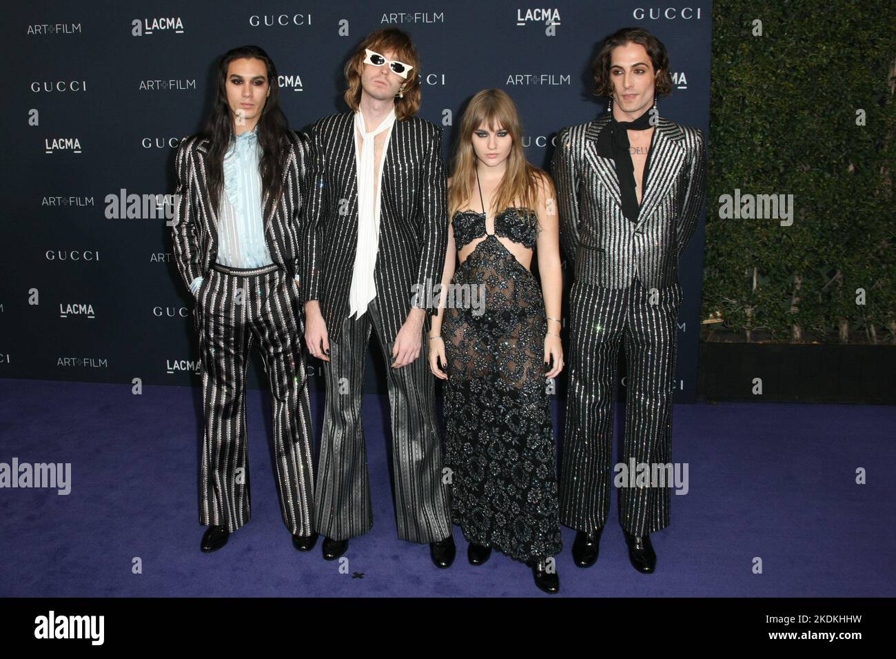 Ethan Torchio, Thomas Raggi, Victoria De Angelis, and Damiano David of Maneskin attend the 2022 LACMA ART+FILM GALA Presented By Gucci at Los Angeles County Museum of Art on November 05, 2022 in Los Angeles, California. Photo: CraSH/imageSPACE/MediaPunch Stock Photo