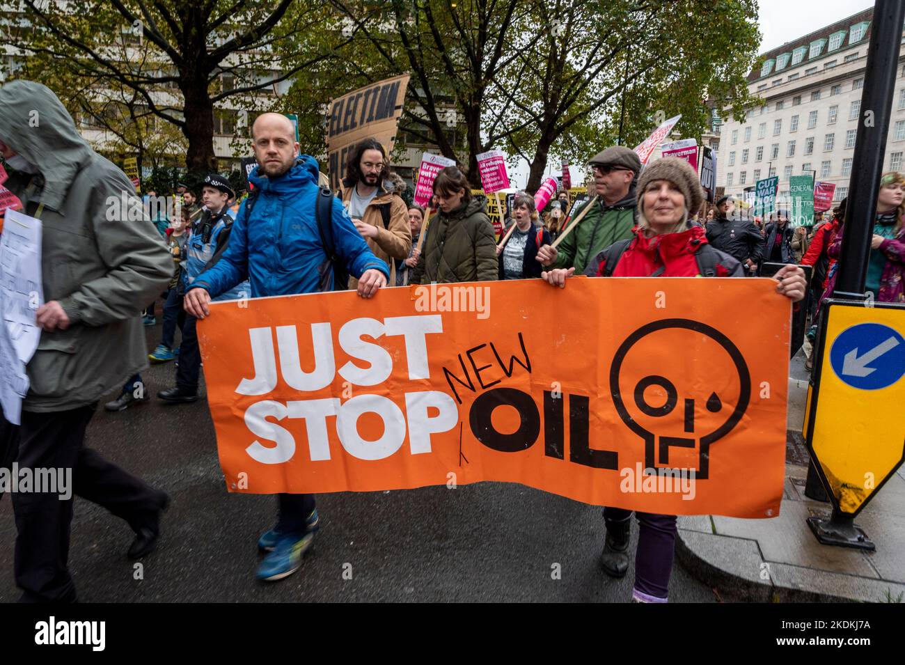 'Just Stop Oil' activists protesting against  the continuing use of fossil fuels at a National demonstration calling for a general election now. Stock Photo