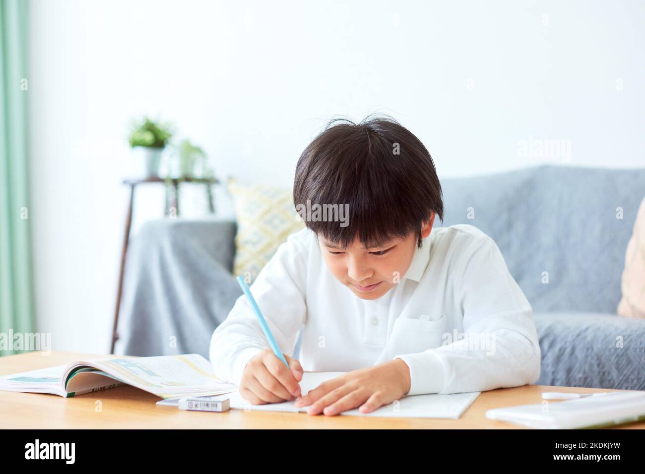 Japanese kid studying at home Stock Photo