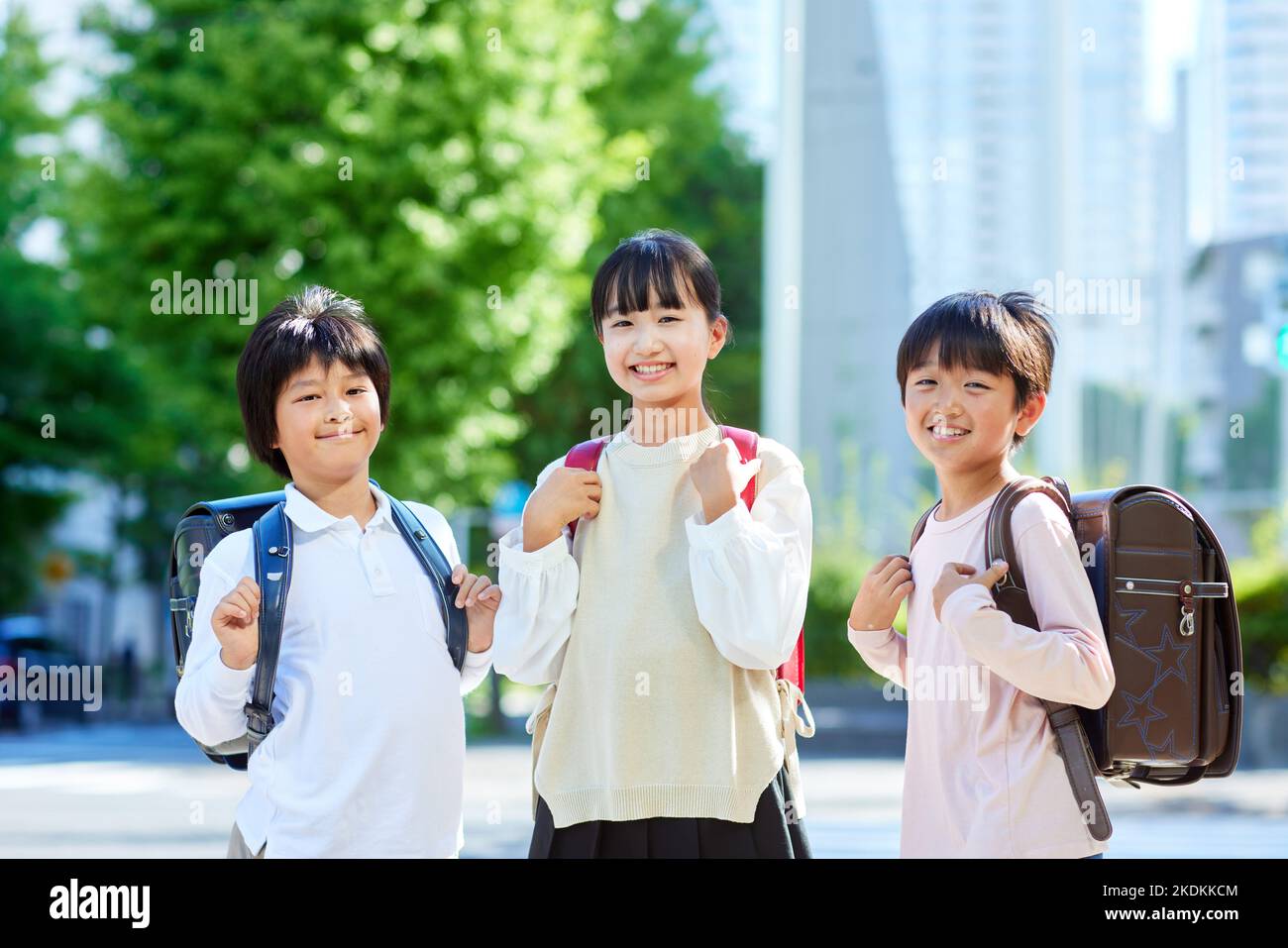 Japanese elementary school kids outside Stock Photo