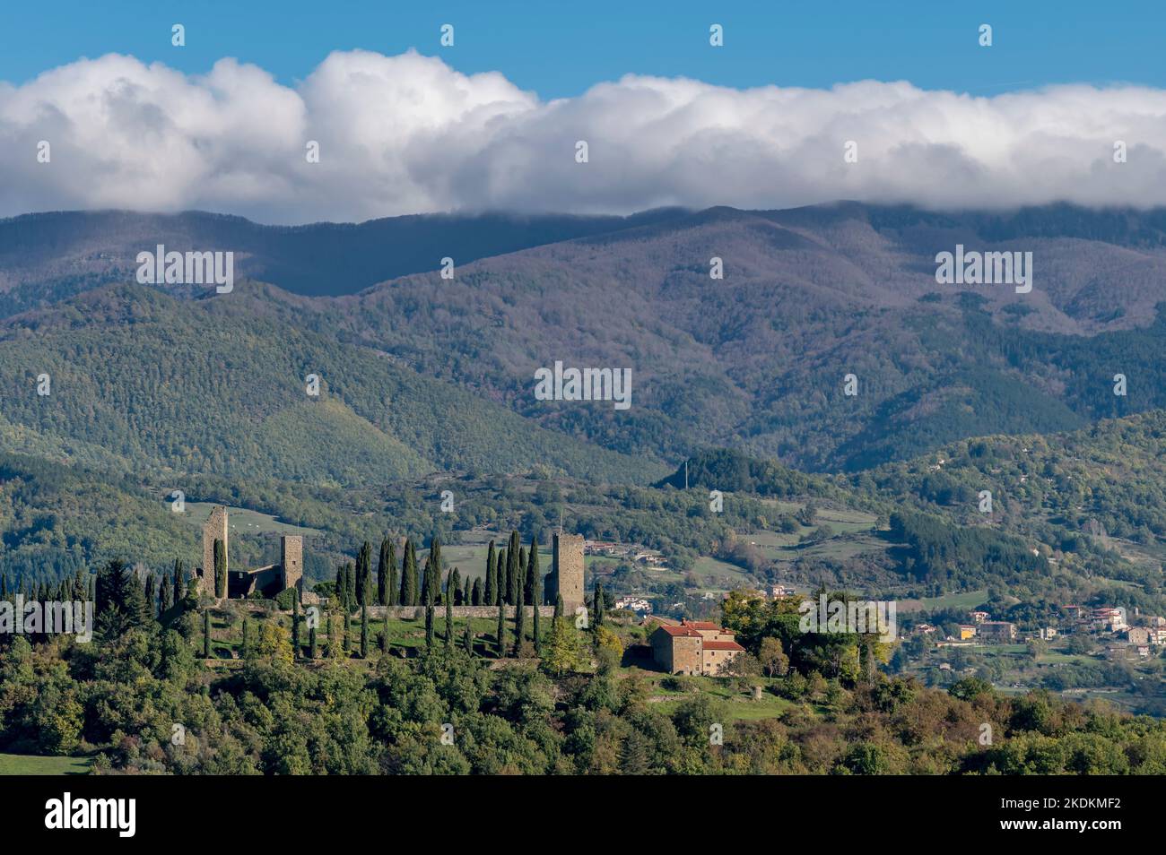 Panoramic view of the ancient castle of Romena and surroundings, Arezzo, Italy Stock Photo
