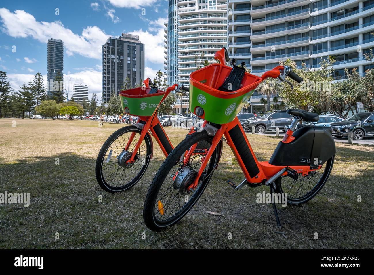 Gold Coast, Queensland, Australia Lime ride share bikes parked in