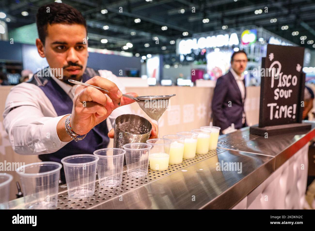 London, UK. 07th Nov, 2022. Two very capable bar tenders mix Pisco Sours, the Peruvian cocktails, for visitors to the stand. World Travel Market (WTM), London's annual travel and tourism expo, once again opens its doors at the ExCel exhibition centre in East London. The event is in its 43rd edition this year and appears to much busier this year with attendance up strongly on last year. Credit: Imageplotter/Alamy Live News Stock Photo