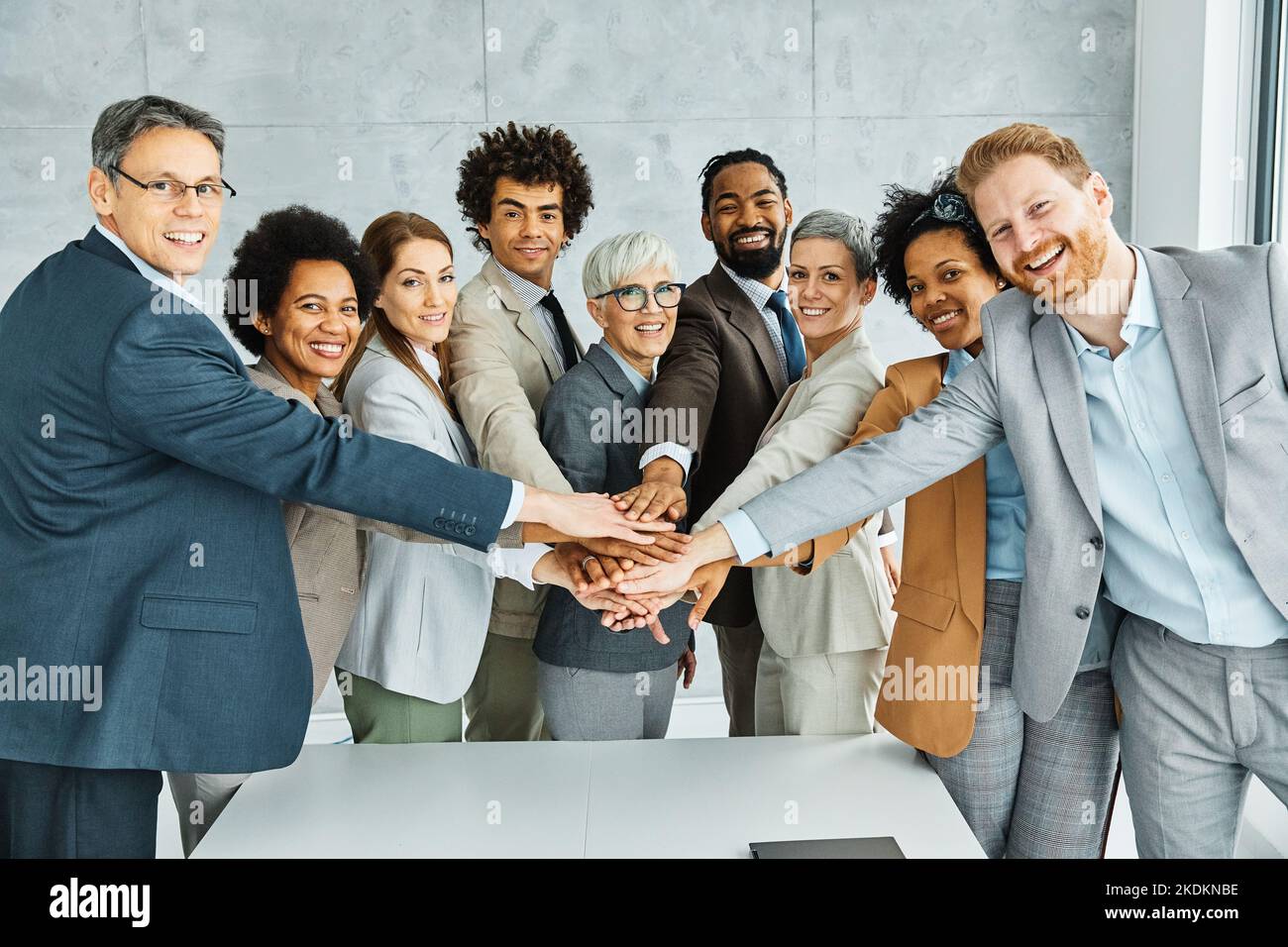 young business people meeting office portrait diversity teamwork group connection success holding hands unity senior mature colleague together Stock Photo