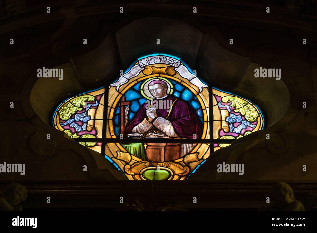 Stained glass depicting San Antonio Maria Gianelli, Bishop of Bibbio, San Michele church Rapallo Northern Italy. September 2022 Stock Photo