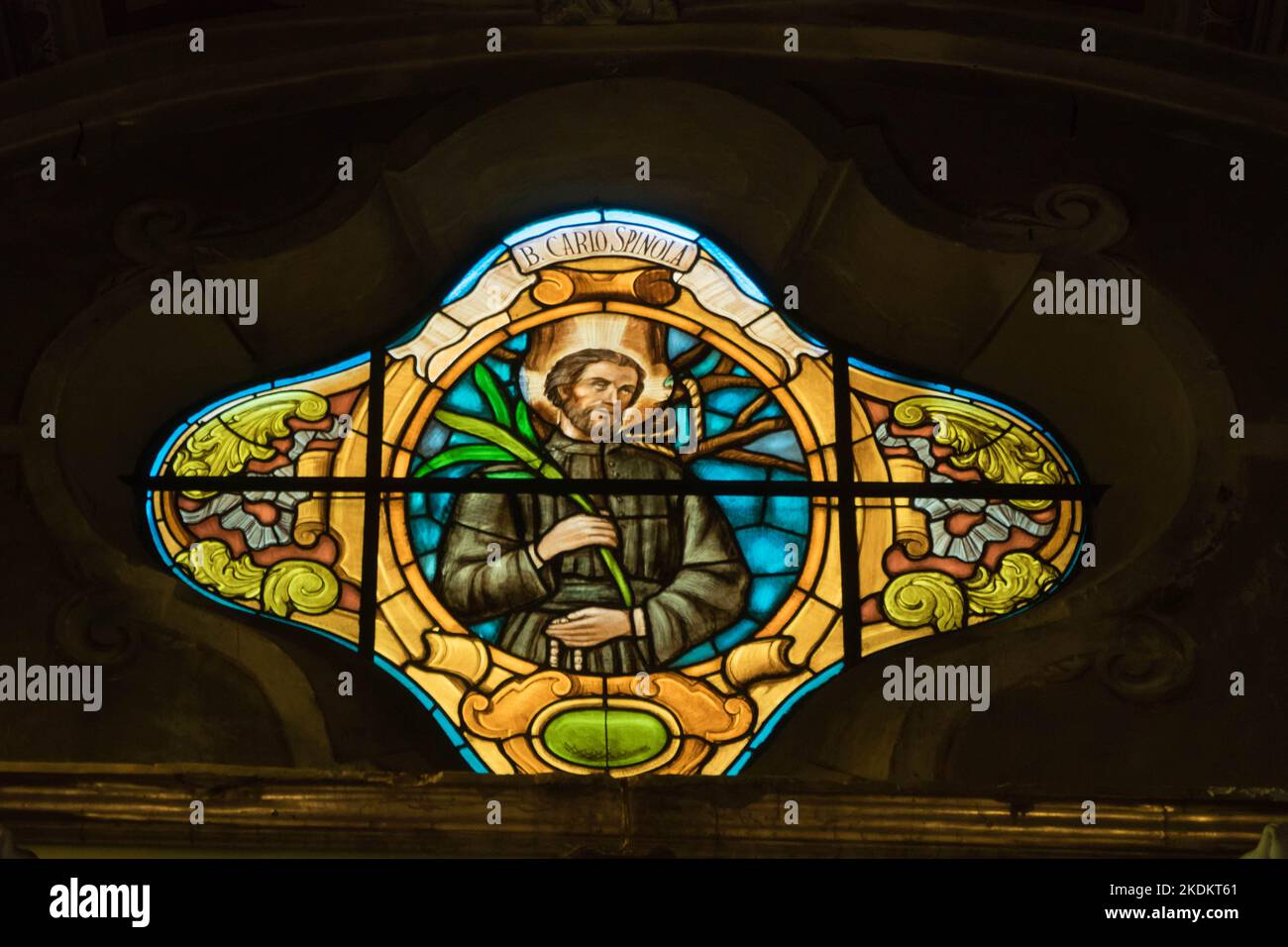 Stained glass depicting Carlo Spinola a Jesuit missionary from Genoa,  San Michele Church Rapallo Northern Italy. September 2022 Stock Photo