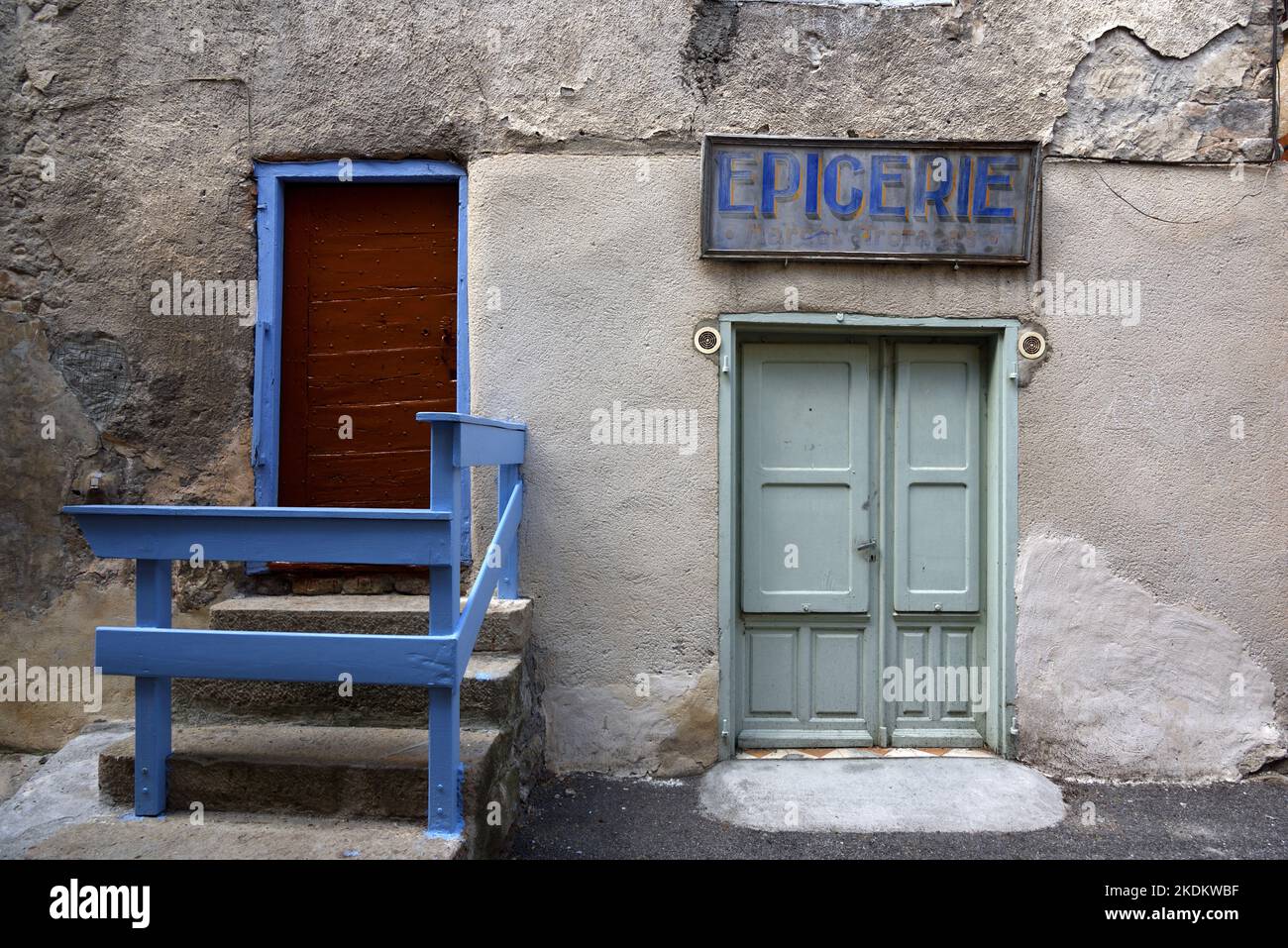 Vacant, Closed, Boarded-Up, Abandoned Village Shop, Epicerie or Corner Shop in Beauvezer Alpes-de-Haute-Provence Provence France Stock Photo