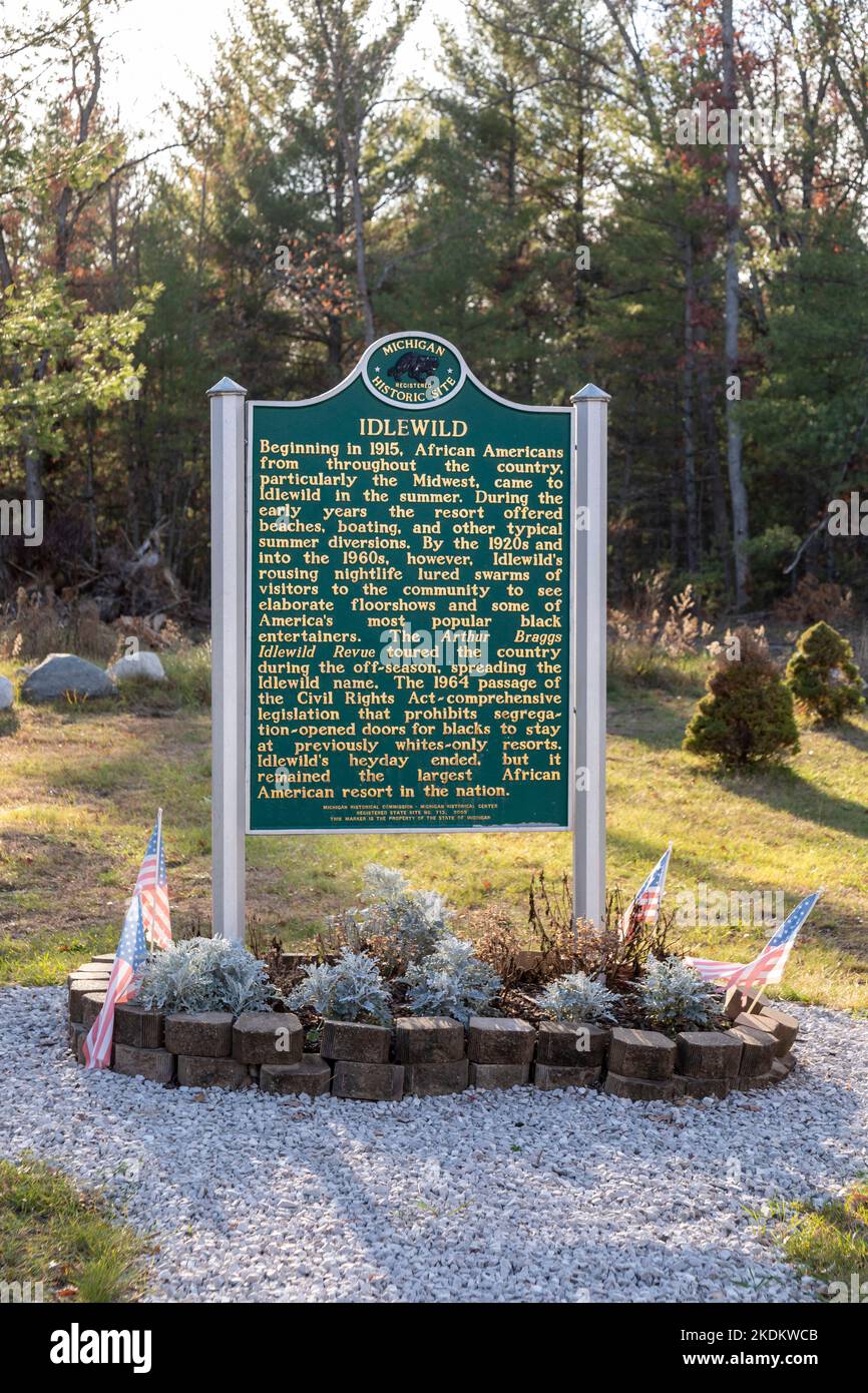 Idlewild, Michigan - A historical marker at the entrance to Idlewild, a resort town popular with African-Americans during the years when segregation w Stock Photo