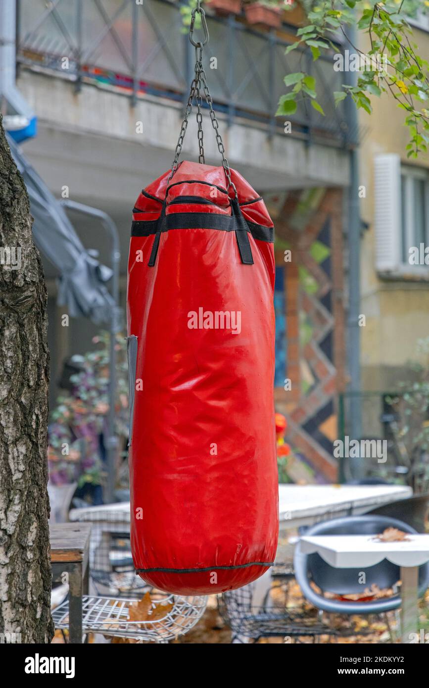 Hanging Old Red Punching Bag in Garden Stock Photo Alamy