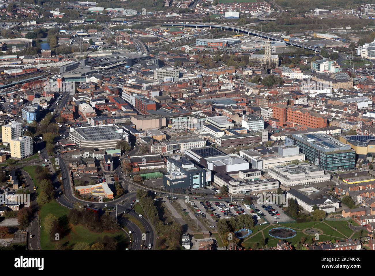 aerial view of Doncaster city centre viewed from the South looking North, South Yorkshire Stock Photo