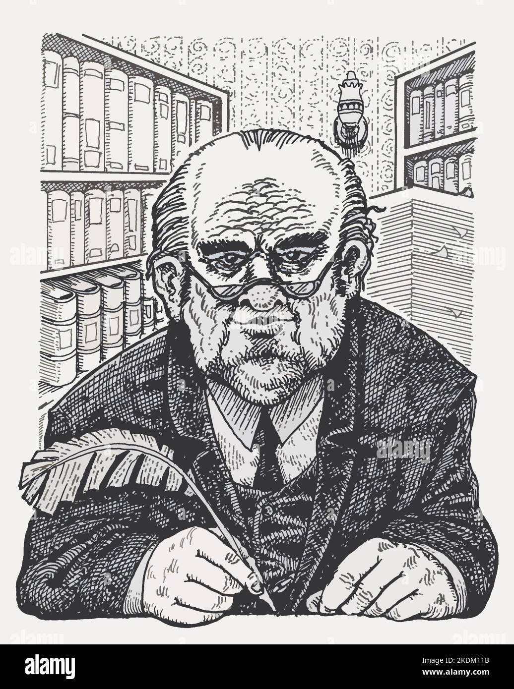 Black and white pen & ink drawing of mature solicitor in his chambers, writing with a quill pen, art inspired by Dickens' Tulkinghorn from Bleak House Stock Photo