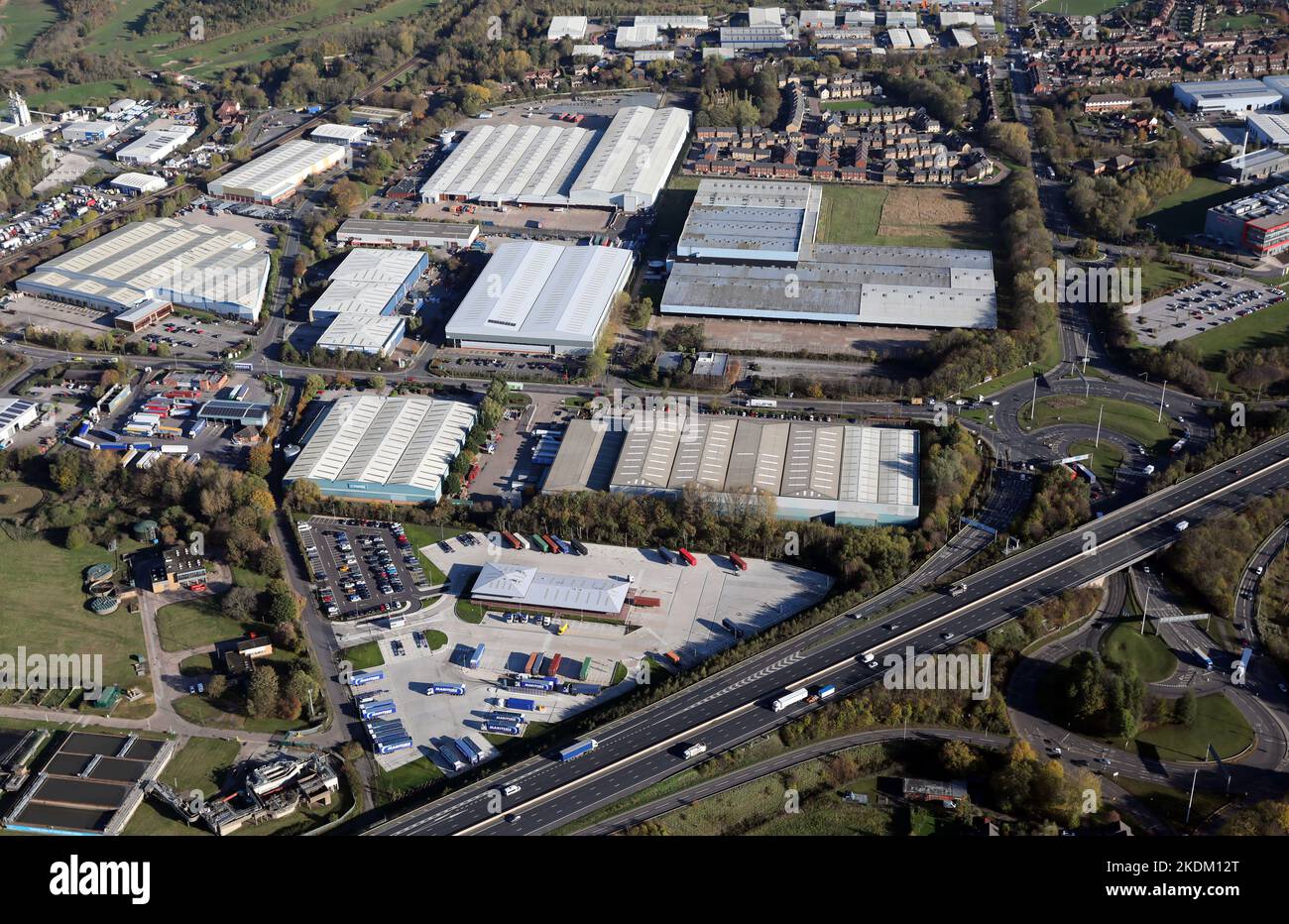 aerial view of part of Normanton Industrial Estate, the north side of the M62 Motorway at junction 31 Stock Photo