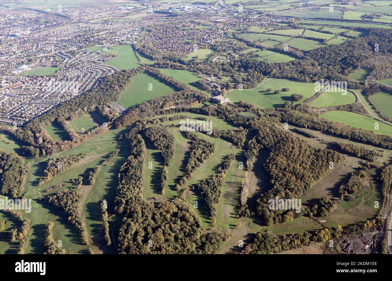 aerial view from the West across Temple Newsam Park Golf Course towards Temple Newsam house, with Colton in the far background Stock Photo
