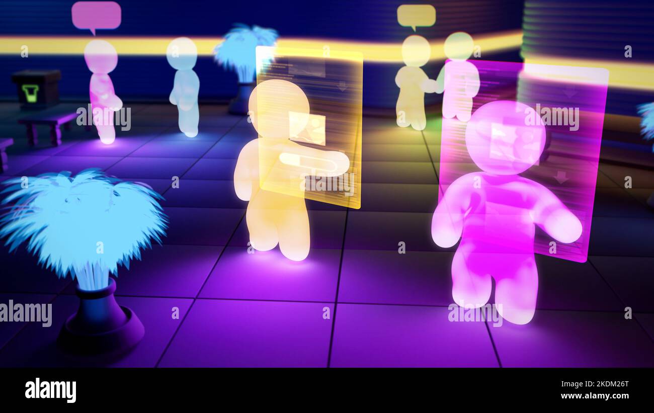 metaverse avatars of users downloading or shopping photos on-line ...
