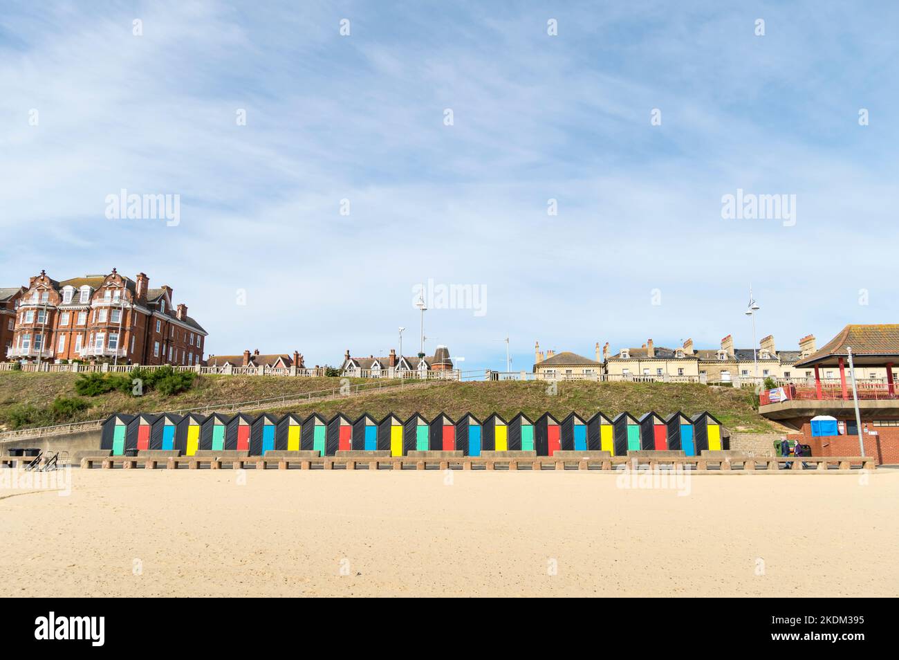 Colourful beach huts on promenade Lowestoft seafront 2022 Stock Photo