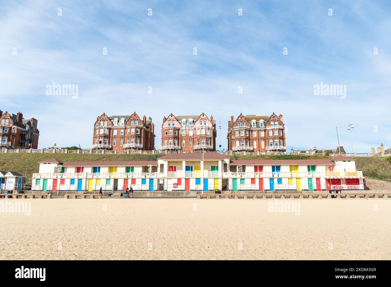 Pavillion style beach huts on promenade Lowestoft seafront 2022 Stock Photo