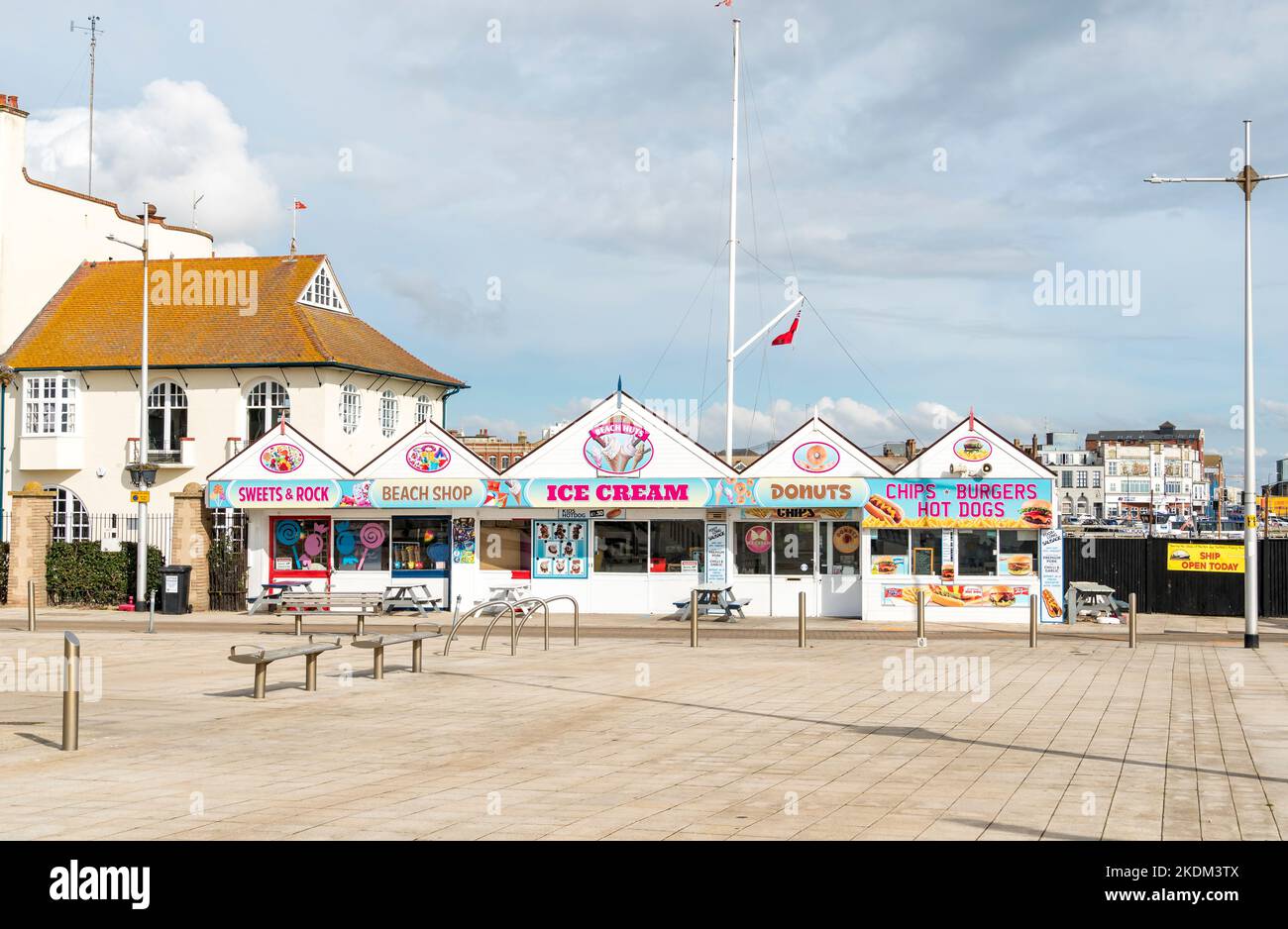 The Beach Huts traditional seaside shops selling goodies, Lowestoft suffolk 2022 Stock Photo