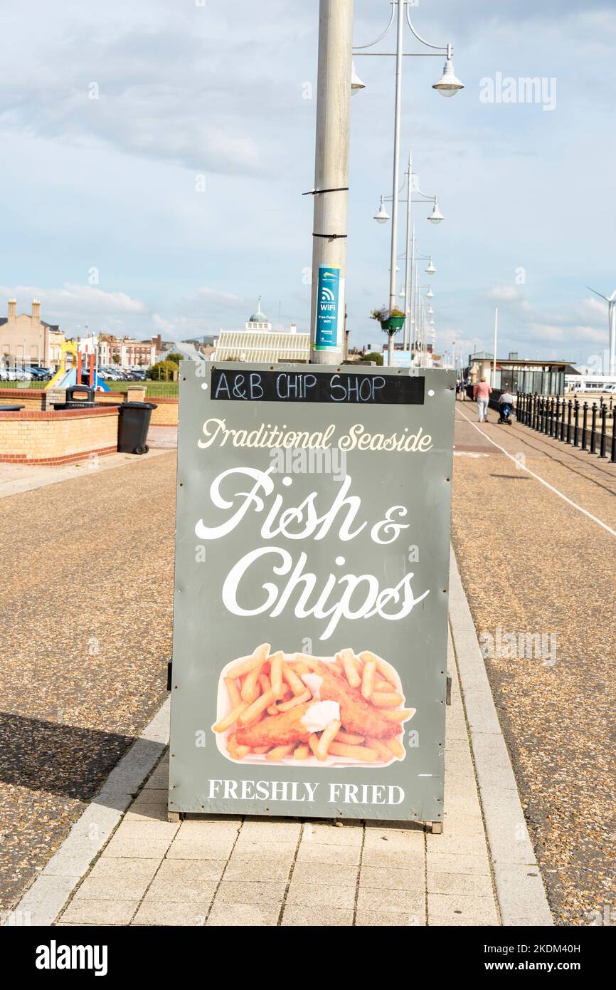 Traditional seaside Fish & Chips sign for A&B chip shop on seafront parade, Lowestoft suffolk 2022 Stock Photo