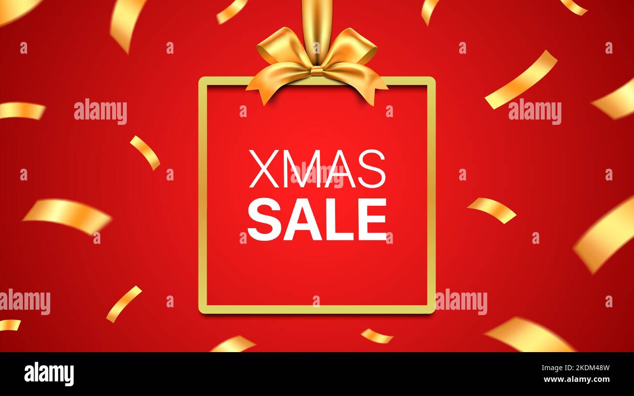 Golden giftbox frame with exploded satin ribbon and XMAS SALE