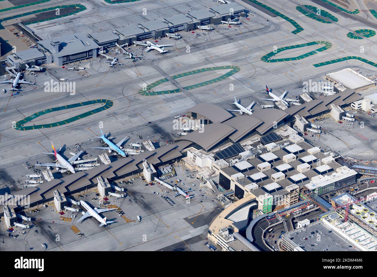 Tom Bradley International Terminal at Los Angeles Airport LAX, USA aerial view. TBIT terminal and TBIT West Gates extension at LAX Airport. Stock Photo