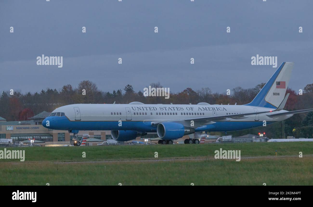 HARRISON, N.Y. — November 6, 2022: Air Force One arrives at Westchester County Airport. Stock Photo