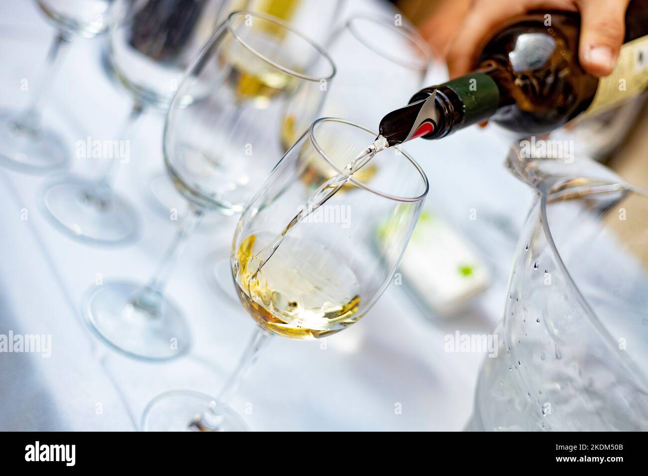 Wine. Glass of wine. Hands serving bottles of wine in transparent
