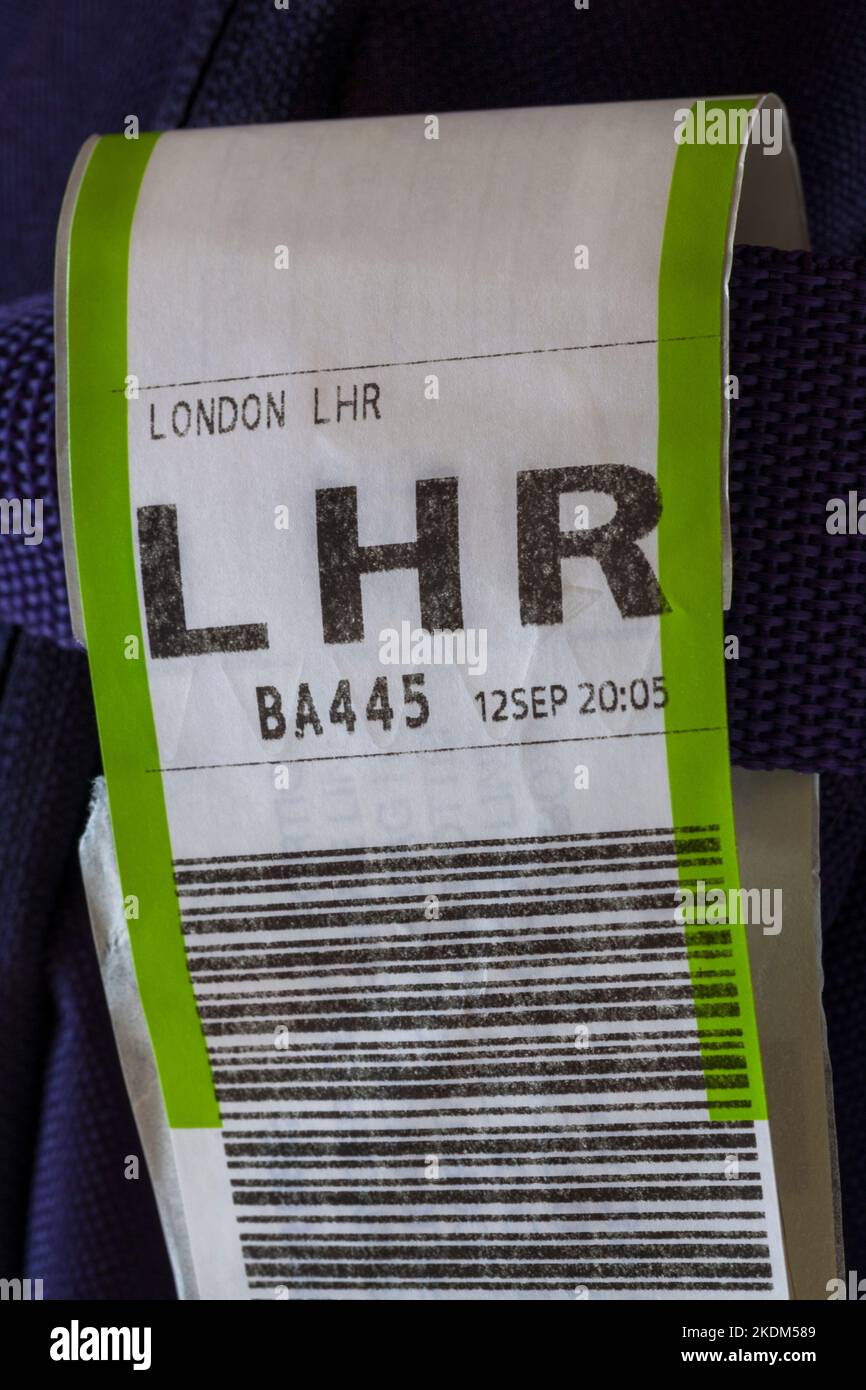 BA British Airways luggage label stuck on luggage for LHR London