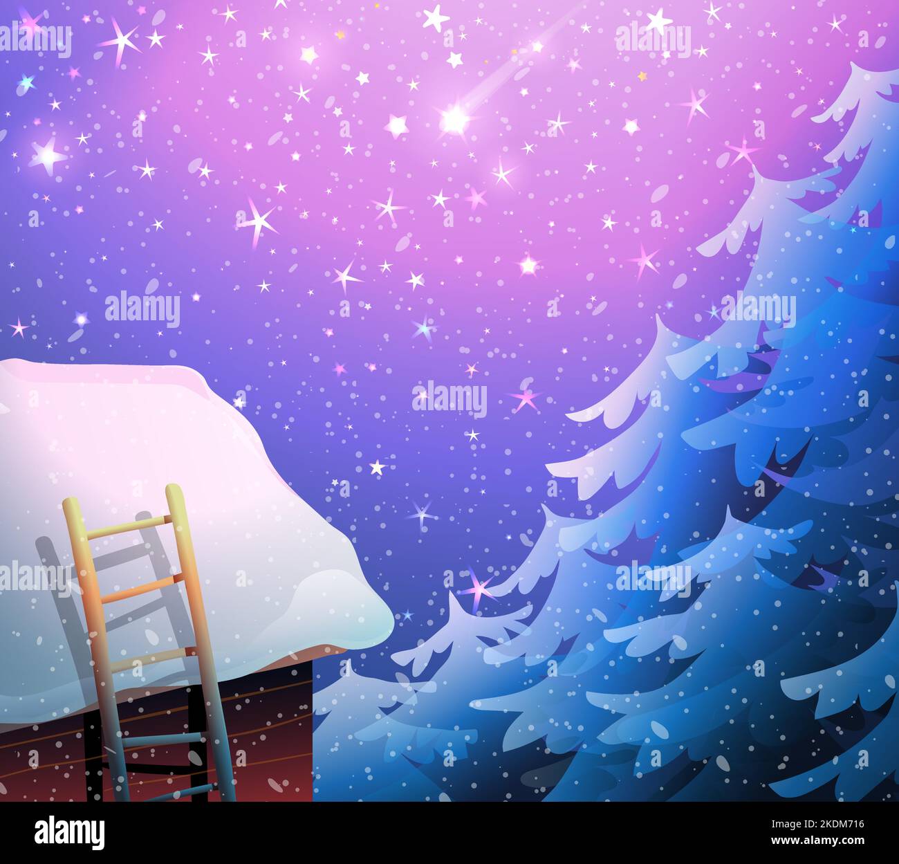 House Roof in Winter Forest at Night with Stars Stock Vector