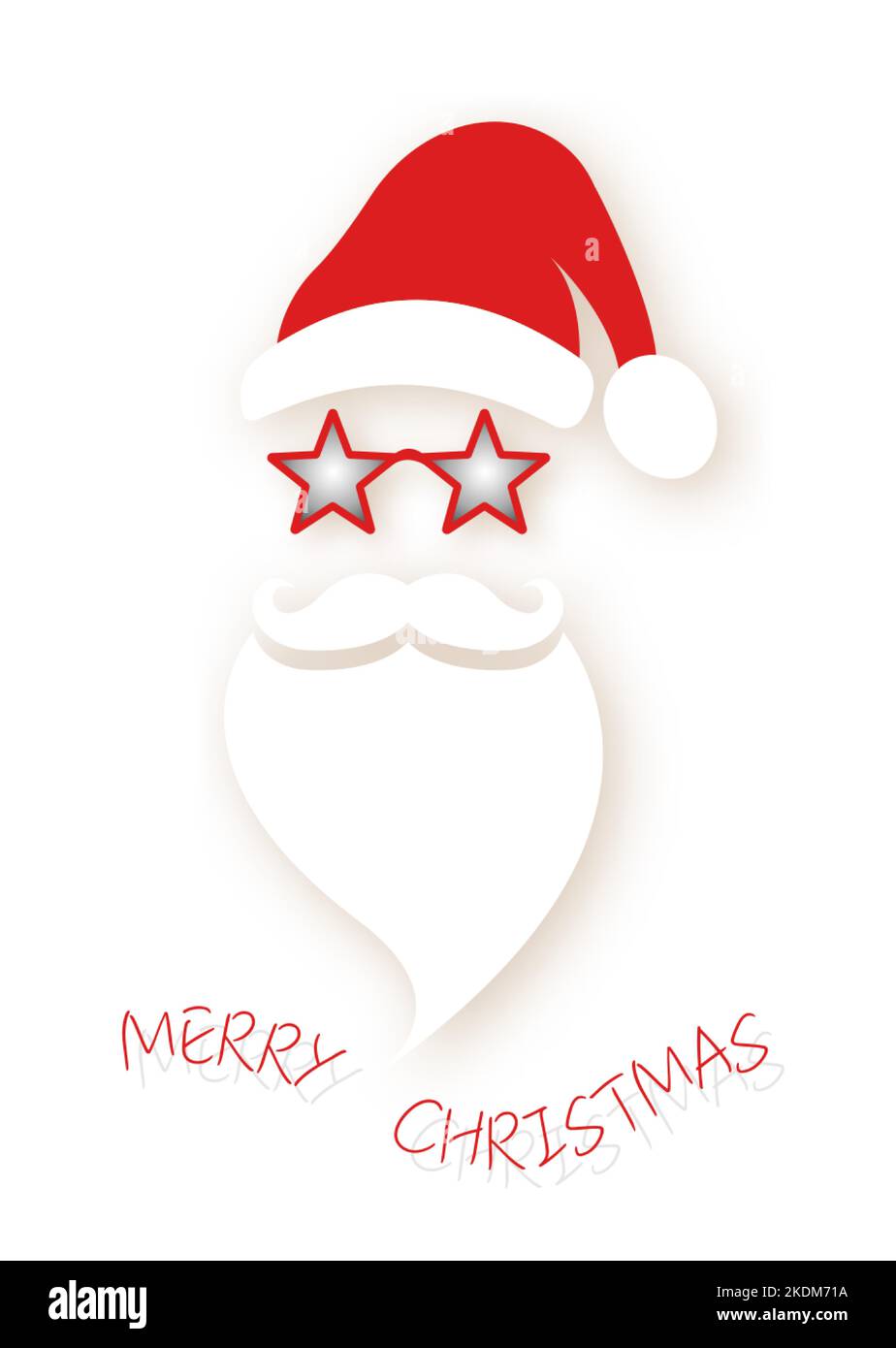 Santa Claus fashion hipster style icon. Santa hat, moustache and beard. Christmas red star-shaped glasses, festive xmas party decoration in paper cut Stock Vector