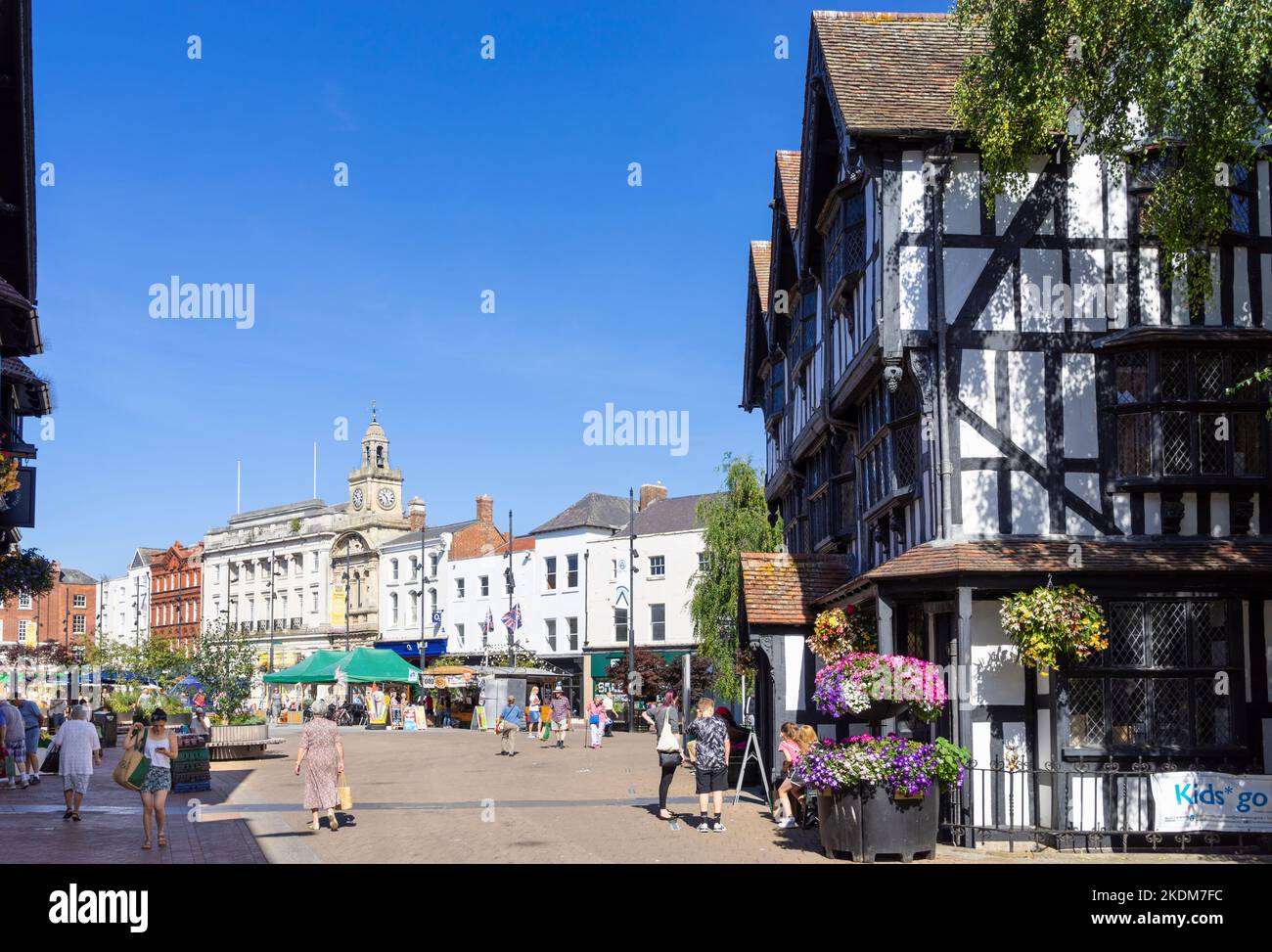 Hereford High Town shopping centre and the Black and White House Museum of Jacobean life Hereford Herefordshire England UK GB Europe Stock Photo