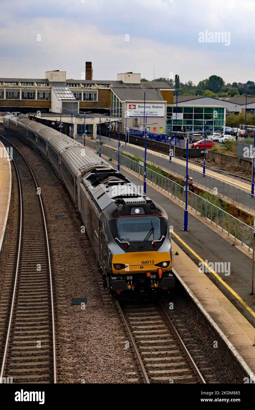 Chiltern railways diesel locomotive no 68013 leaves Banbury station on a Saturday afternoon service from London Marylebone to Birmingham New Street Stock Photo