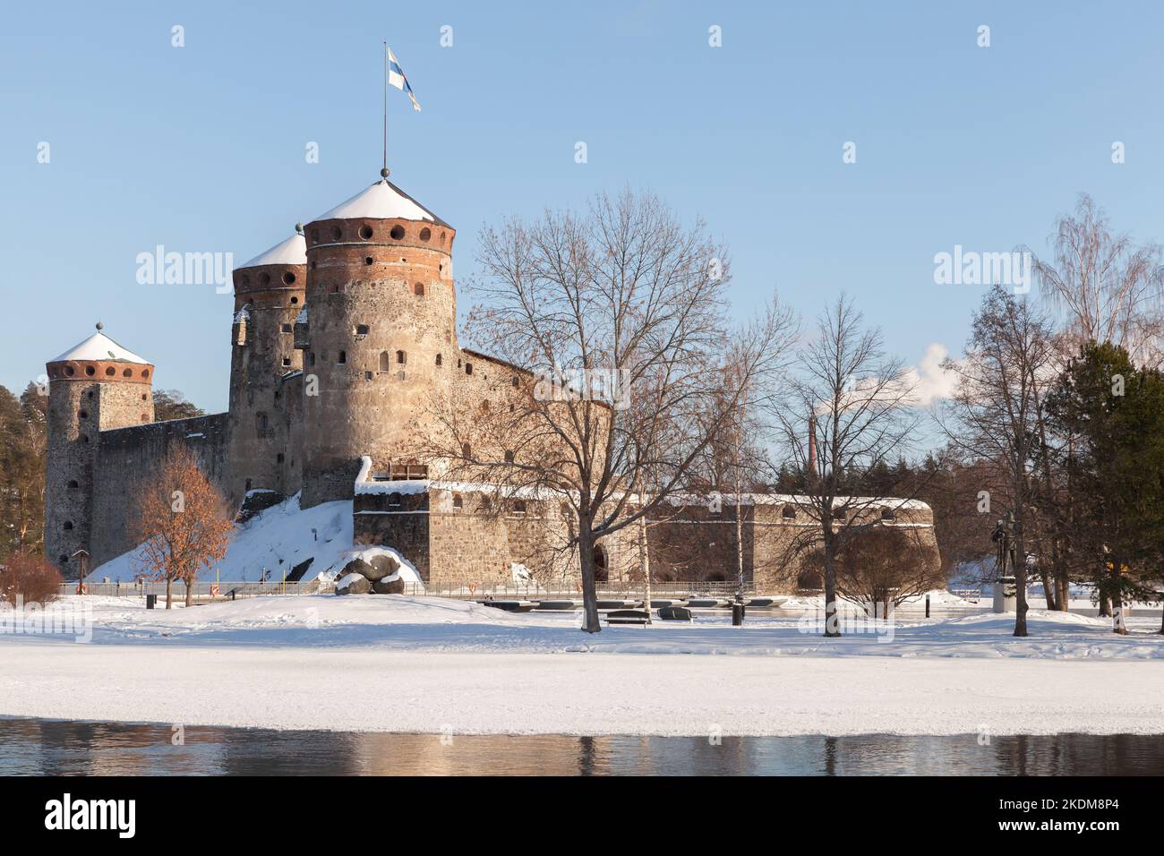 Winter landscape with Olavinlinna, this is a 15th-century three-tower castle located in Savonlinna, Finland Stock Photo