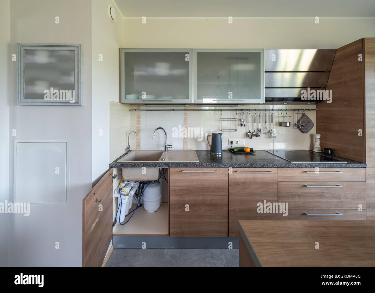 Modern interior. Wooden kitchen. Installed water filter under the sink