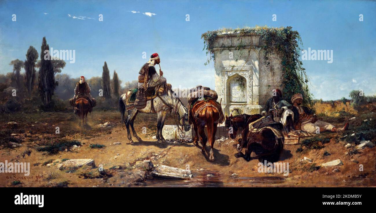 Arabs Resting by a Marble Fountain by Christian Adolf Schreyer (1828-1899), oil on canvas, 1856 Stock Photo