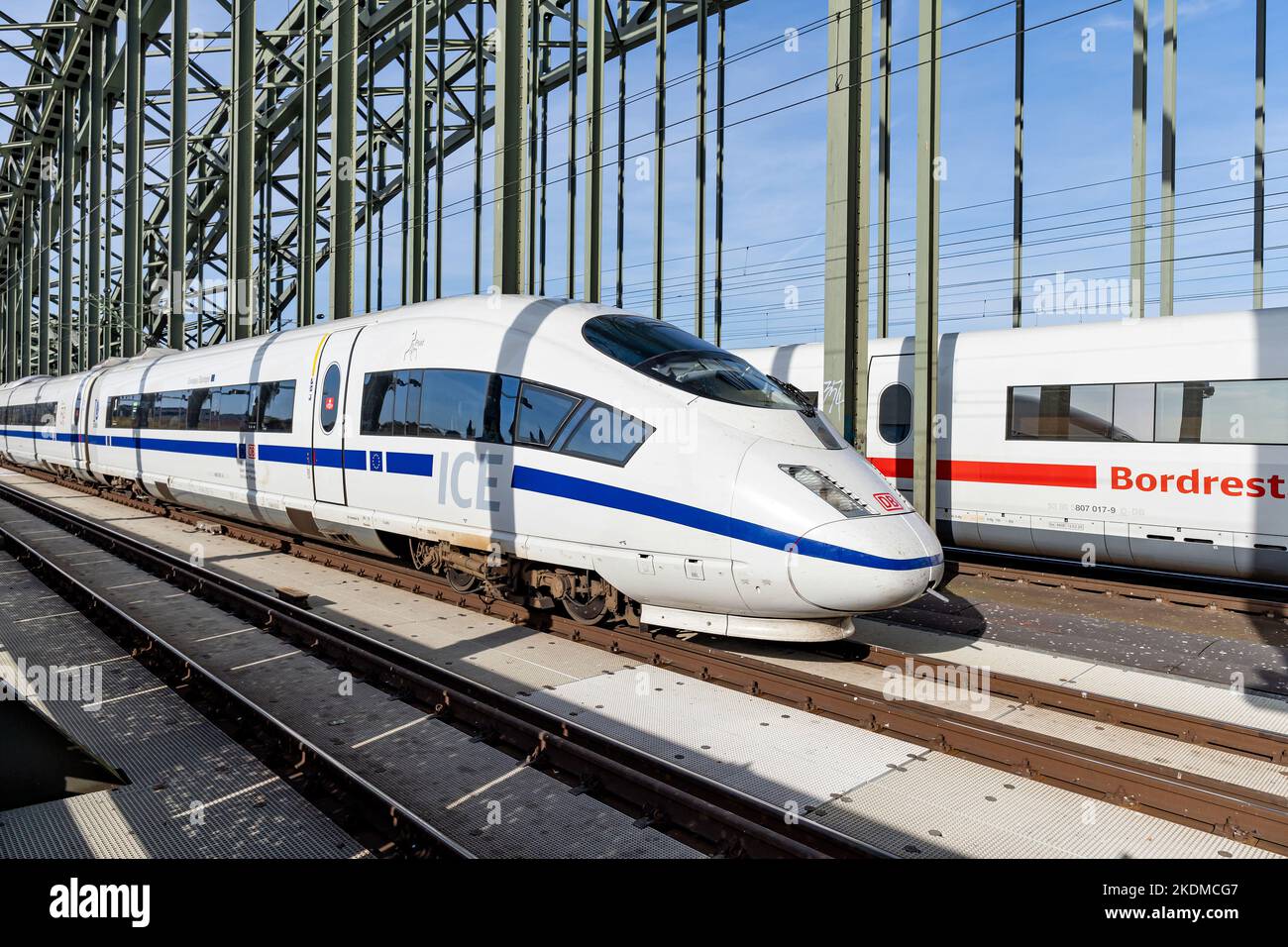 ICE 3 high-speed train on the Hohenzollern Bridge Stock Photo