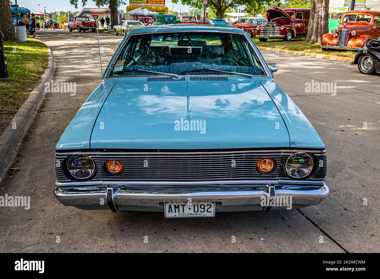 Des Moines, IA - July 01, 2022: High perspective front view of a 1971 AMC Hornet Sportabout Wagon at a local car show. Stock Photo