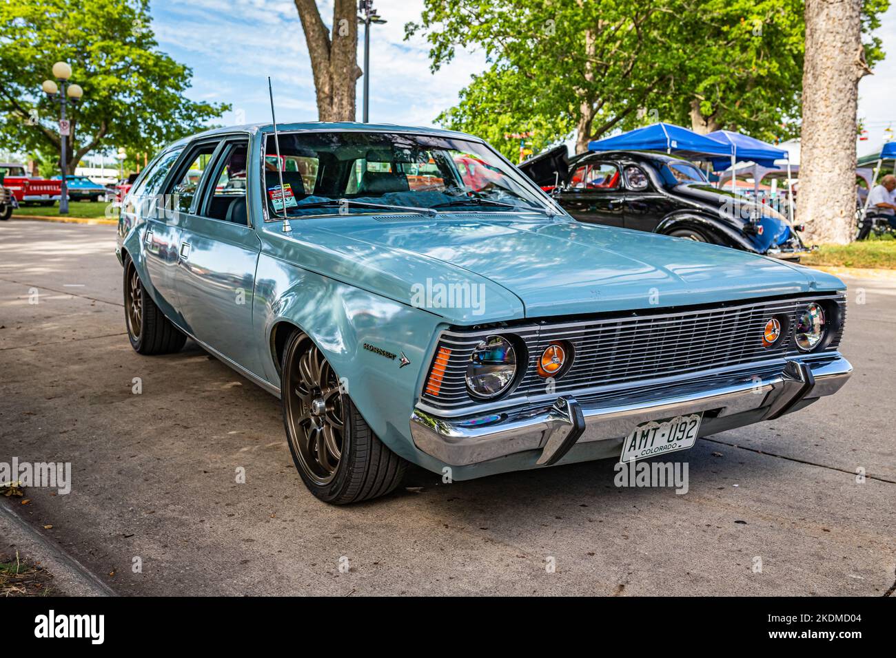 Des Moines, IA - July 01, 2022: Low perspective front corner view of a 1971 AMC Hornet Sportabout Wagon at a local car show. Stock Photo