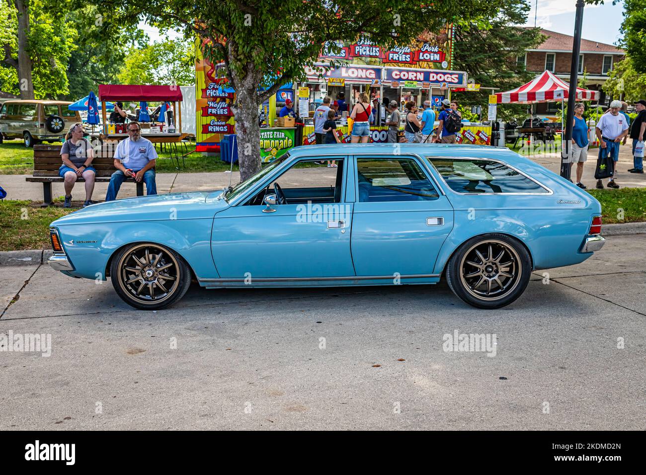 Des Moines, IA - July 01, 2022: High perspective side view of a 1971 AMC Hornet Sportabout Wagon at a local car show. Stock Photo