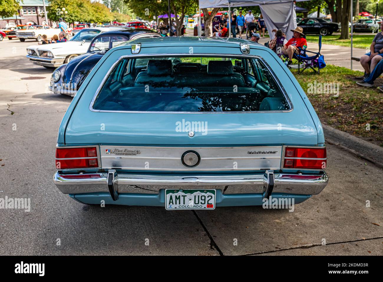 Des Moines, IA - July 01, 2022: High perspective rear view of a 1971 AMC Hornet Sportabout Wagon at a local car show. Stock Photo