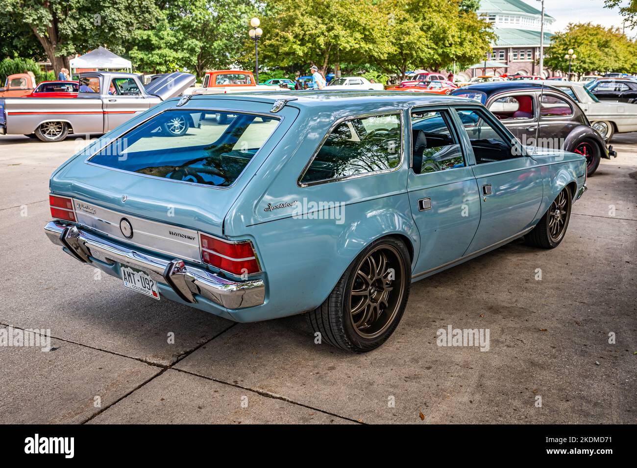 Des Moines, IA - July 01, 2022: High perspective rear corner view of a 1971 AMC Hornet Sportabout Wagon at a local car show. Stock Photo