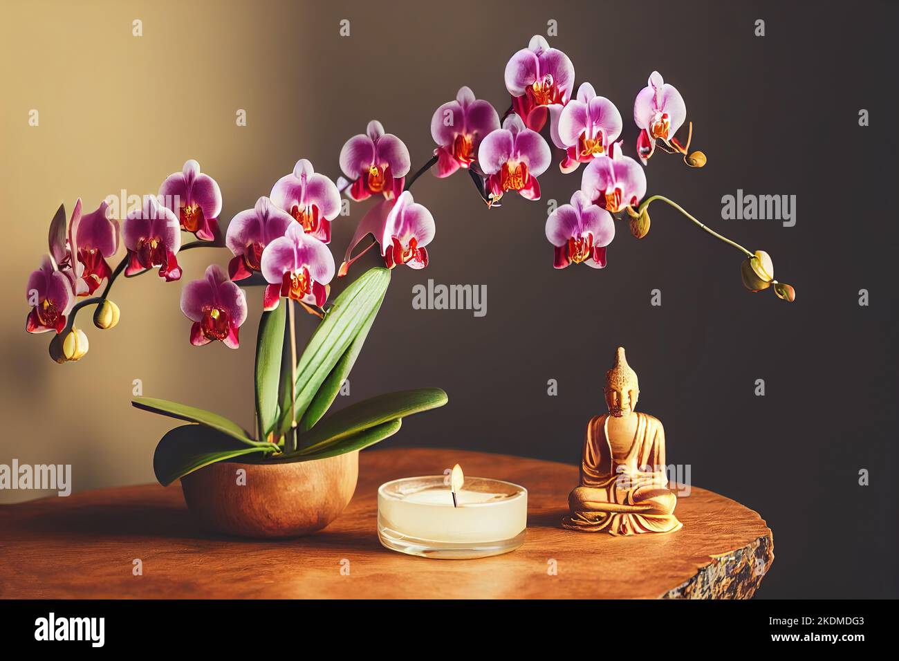 Buddha, candle, phalaenopsis flowers, and relax time Stock Photo - Alamy
