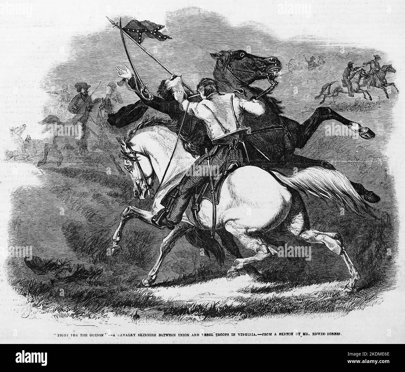 'Fight for the guidon' - A cavalry skirmish between Union and Rebel troops in Virginia. January 1863. 19th century American Civil War illustration from Frank Leslie's Illustrated Newspaper Stock Photo